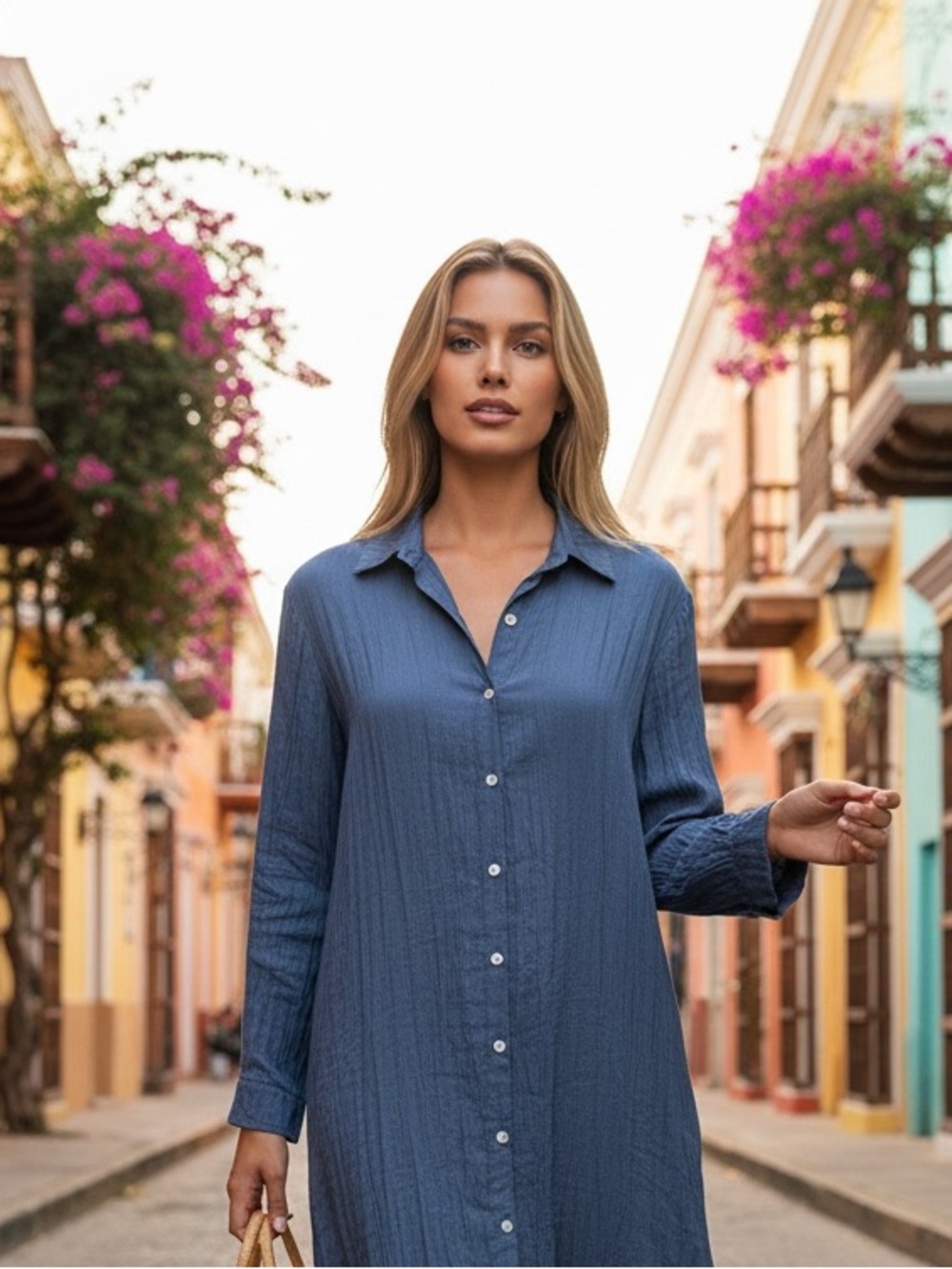 Ibiza Indigo Crinkled Button-Front Long Sleeve Shirt Dress l